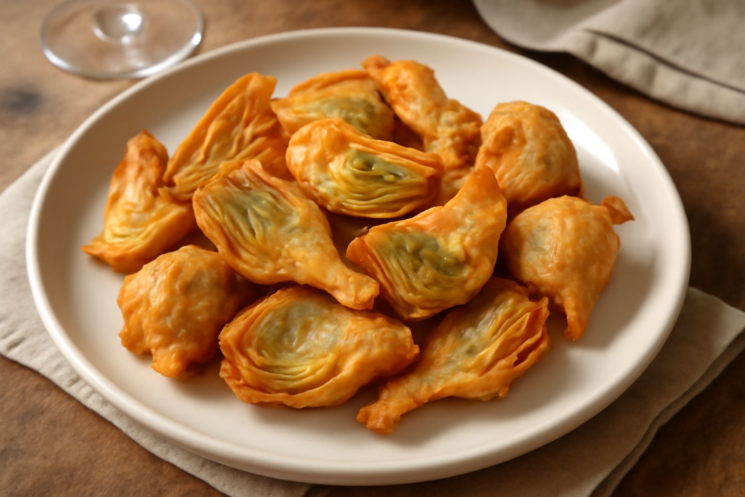 Carciofi soffritti dorati e croccanti disposti su piatto bianco, con un filo di olio brillante, quarti di limone giallo e una spolverata di sale marino, sfondo chiaro
