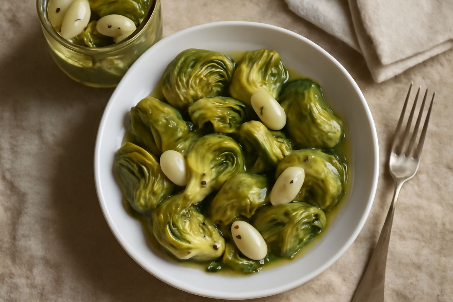 Vasetto di vetro con carciofi sottaceti di colore verde intenso e bianco, immersi in liquido trasparente con aceto, aglio affettato e peperoncino rosso visibile
