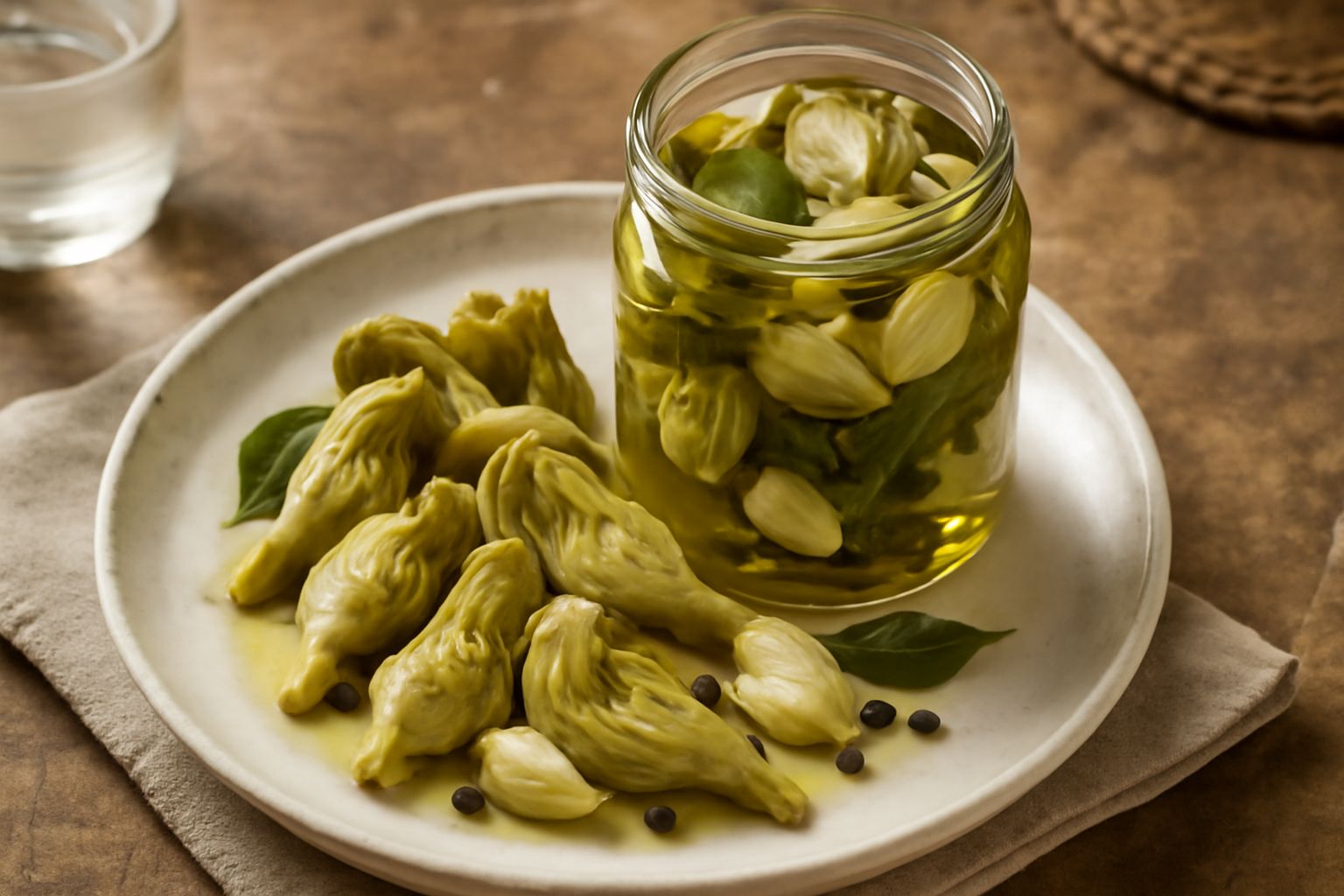 Carciofi sottaceto in vaso di vetro, spicchi di aglio bianco e peperoni rossi, liquido trasparente ambrato con bolle, sfondo neutro
