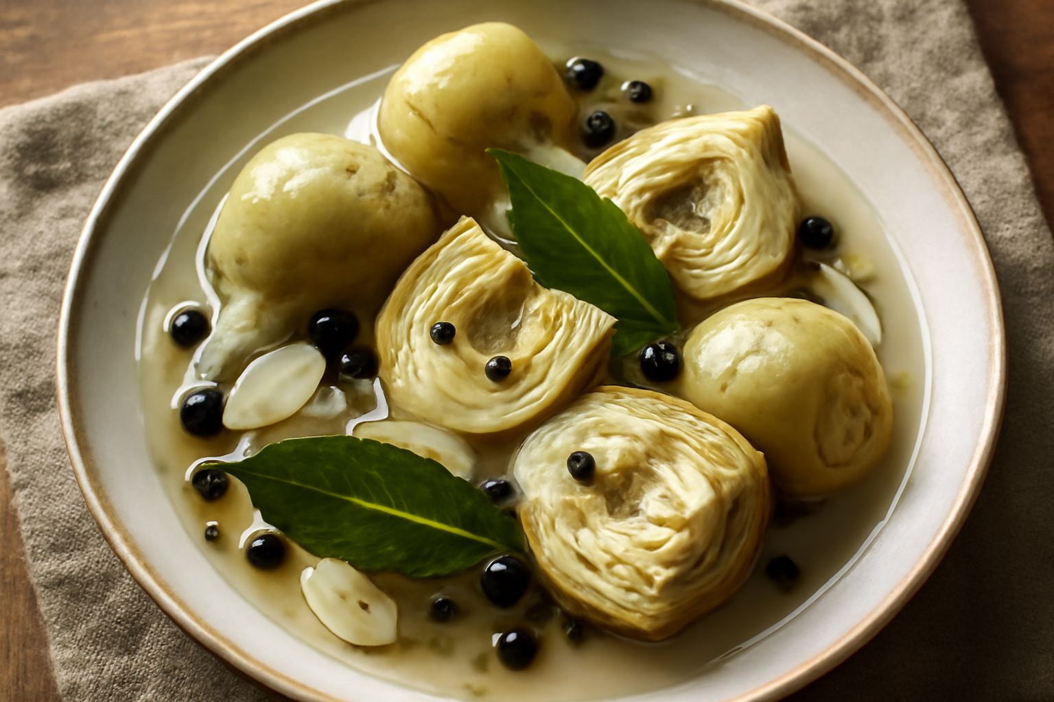 Vasetto di vetro con carciofi interi e spezzati di colore verde pallido e bianco, ricoperti di aceto trasparente, con grani di pepe nero e foglie di alloro visibili nel liquido