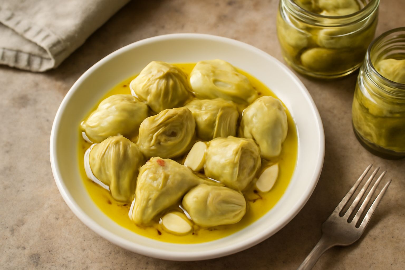 Vasetto di vetro con carciofi teneri tagliati in quarti, immersi in olio dorato trasparente, con spicchi d'aglio e rametti di rosmarino, su tavolo di legno chiaro con la luce del giorno