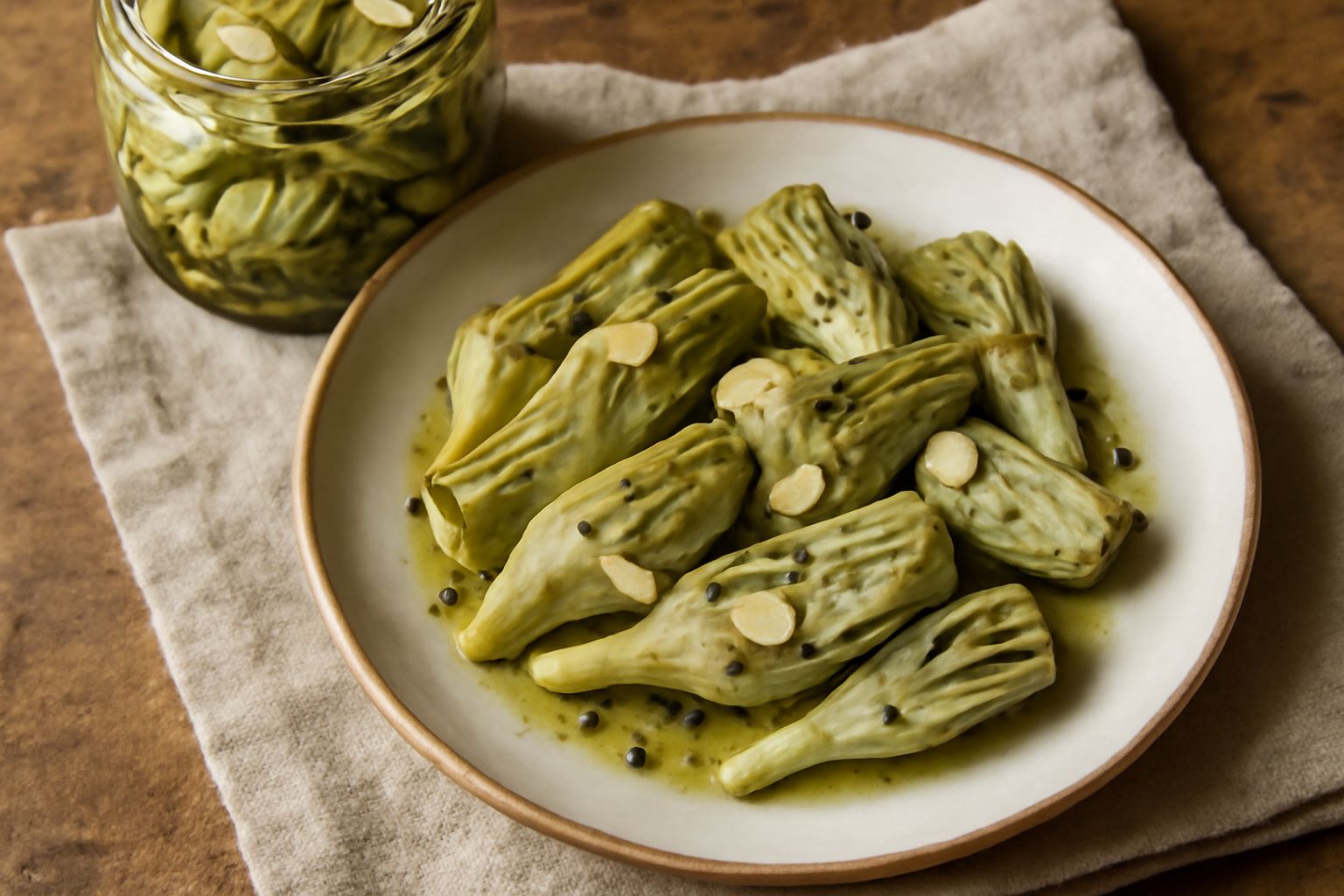 Barattolo di vetro pieno di carciofi verdi spaccati sott'olio trasparente, con spicchi d'aglio e pepe nero visibili, etichetta artigianale sulla spalla del vasetto