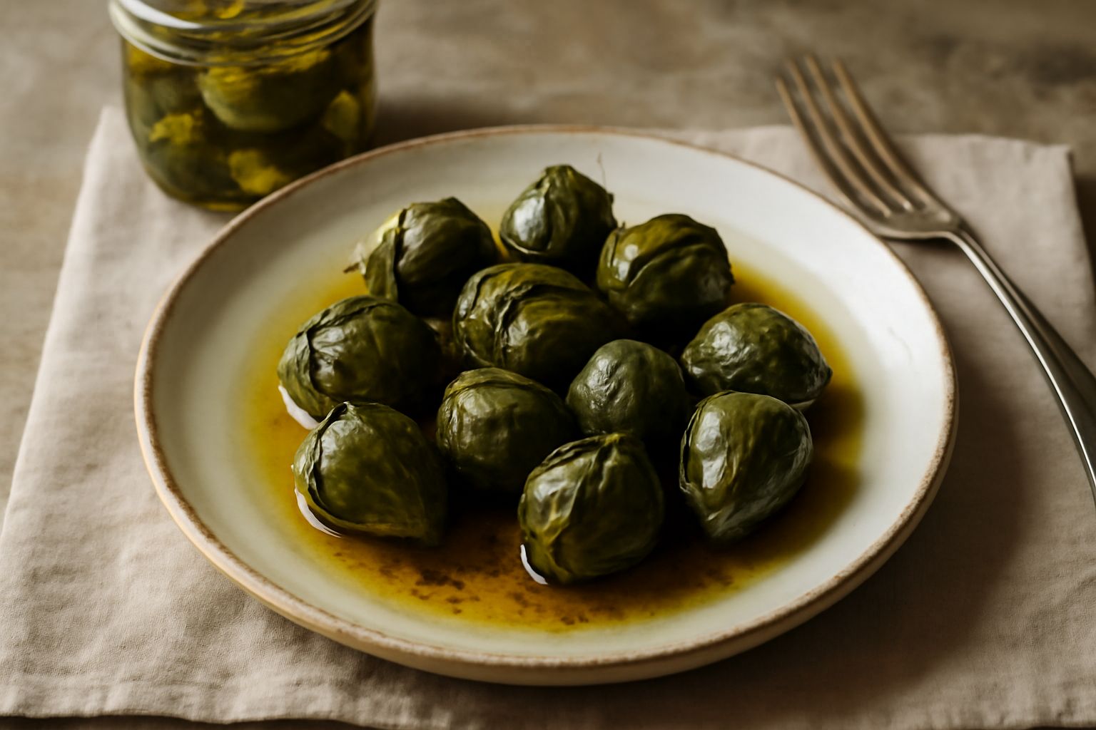 Vasetto di vetro trasparente con carciofi selvatici interi di colore verde scuro immersi in olio extravergine dorato, erbe aromatiche visibili, su fondo di legno scuro