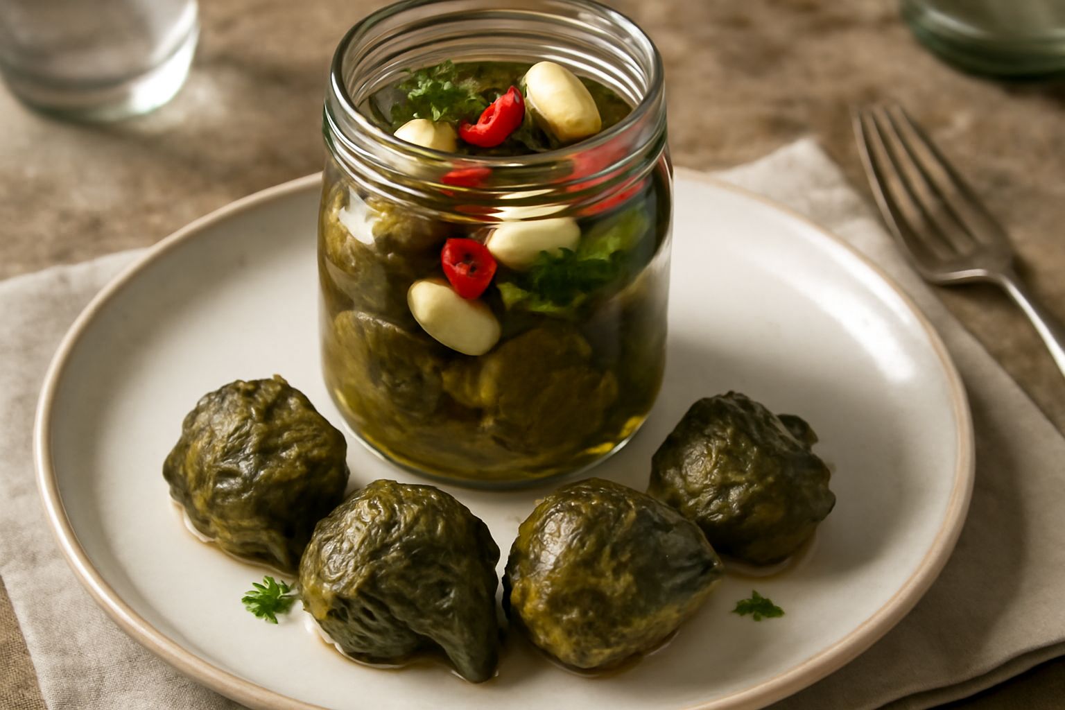 Barattolo di vetro trasparente con carciofi interi verdi scuro immersi in liquido chiaro, aglio affettato e peperoncino rosso visibili fra le teste, etichetta di carta beige sulla spalla del vaso