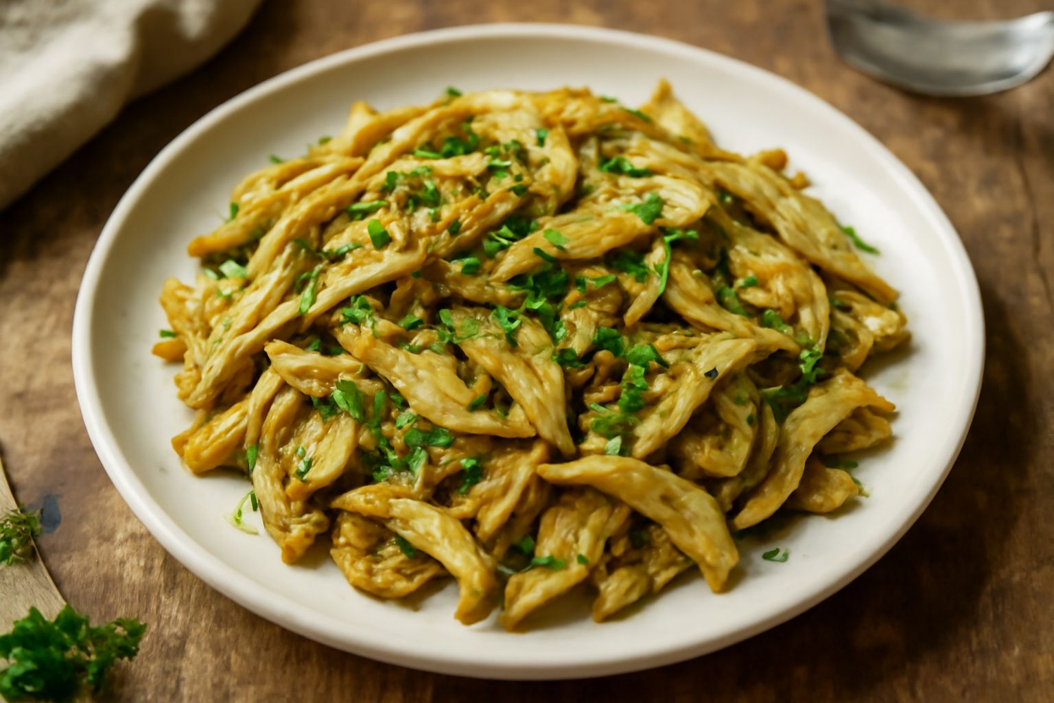 Carciofi trifolati in un piatto bianco, fette sottili dorate e morbide, cosparse di prezzemolo fresco verde, olio lucido visibile, sfondo neutro.