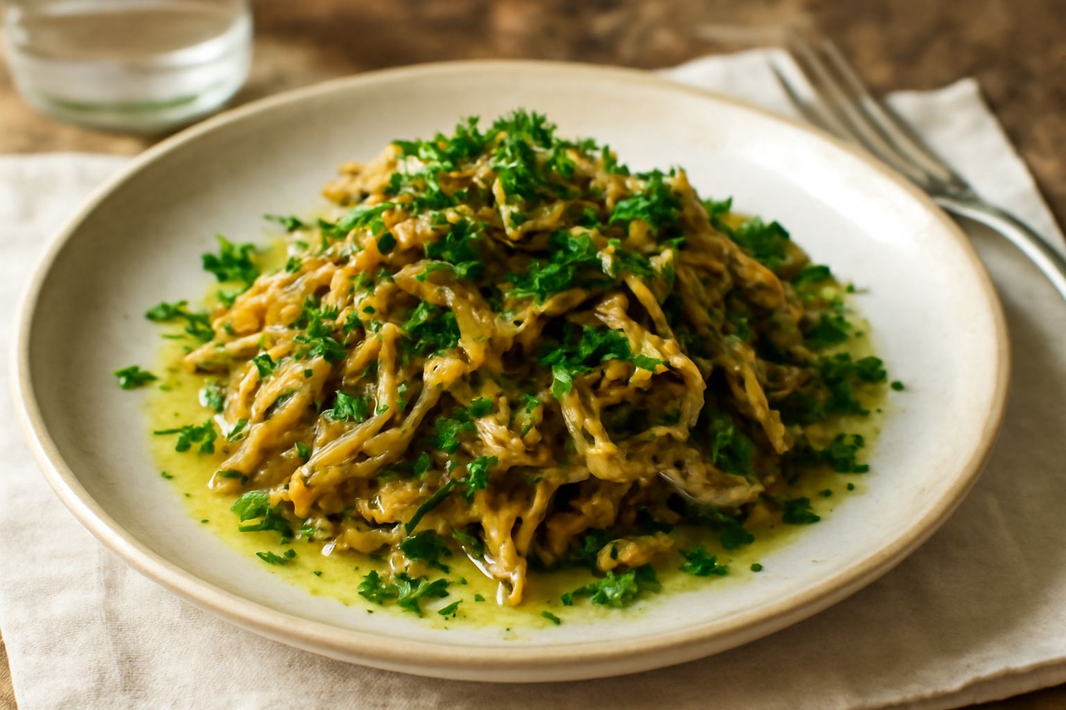 Carciofi trifolati freddi in un piatto bianco, tagliati a striscioline dorate, spolverati di prezzemolo verde fresco, con aglio visibile e olio brillante.