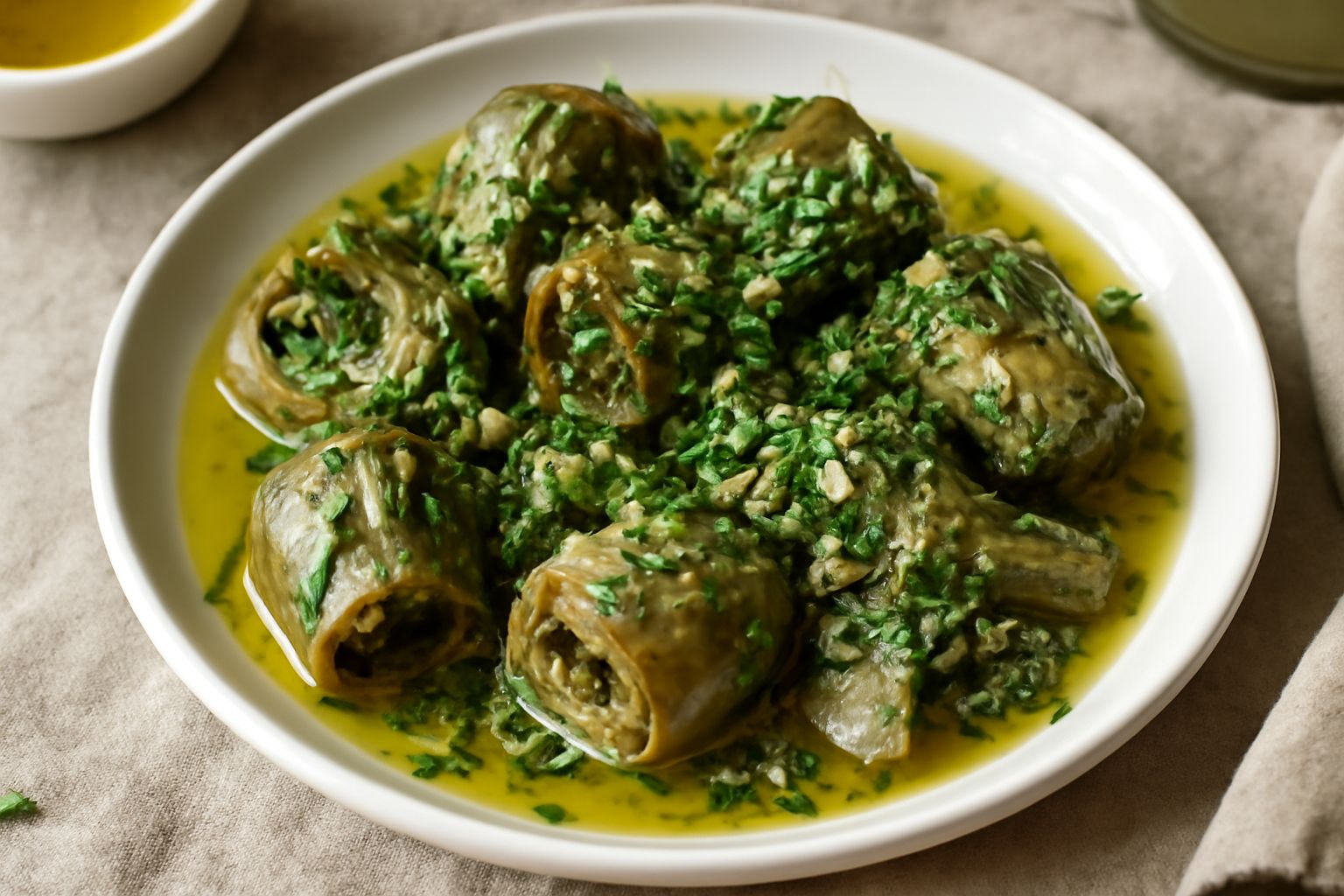 Carciofi trifolati in una ciotola di vetro, interi e tagliati a metà, ricoperti di olio dorato con aglio e prezzemolo fresco verde, serviti con il loro olio di cottura