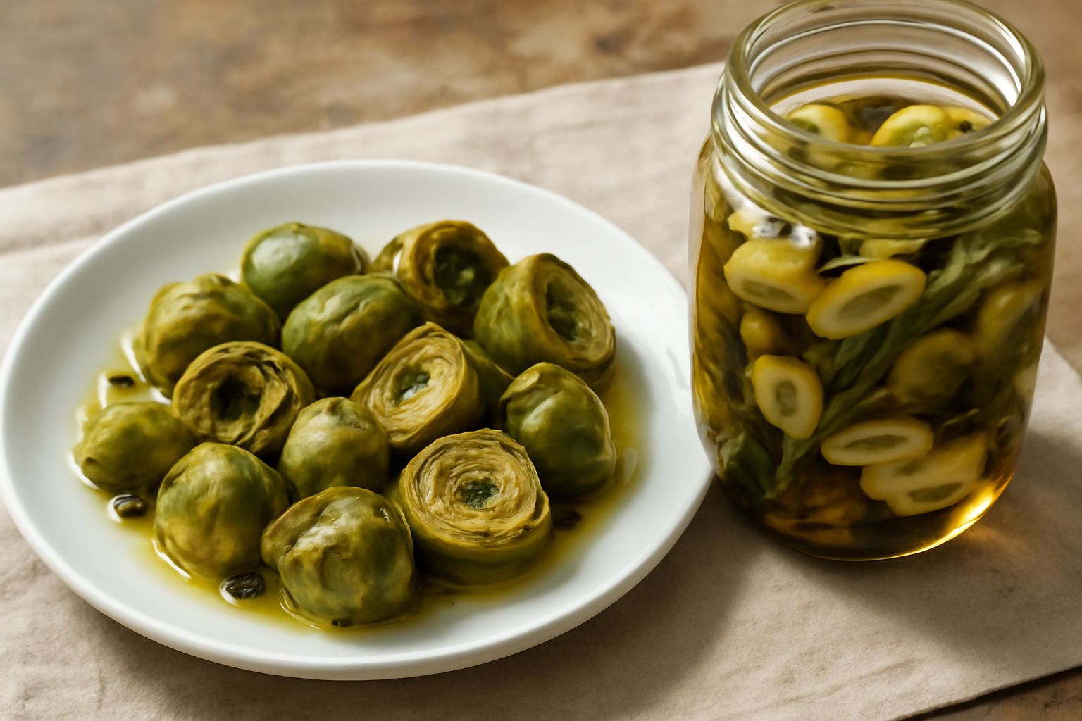 Barattolo di vetro trasparente pieno di carciofini piccoli verde scuro interi in liquido trasparente ambrato, con spicchi d'aglio visibili e rametti di rosmarino, su fondo di legno chiaro