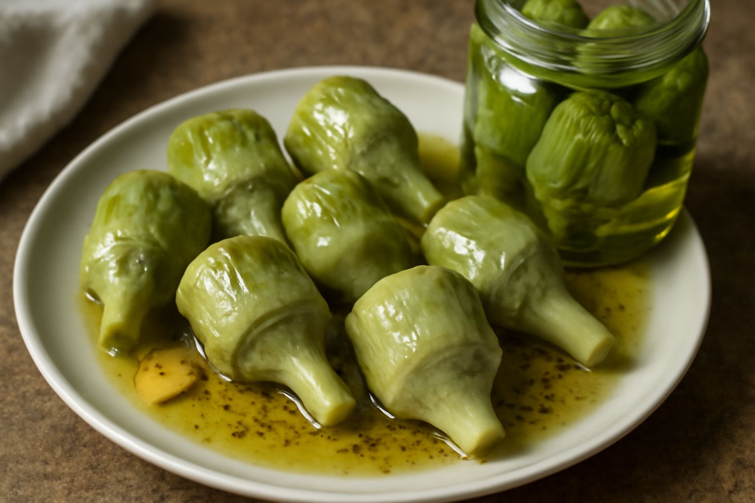 Barattolo di vetro con carciofini interi sott'olio trasparente, peperoncini rossi e spicchi d'aglio visibili tra gli ortaggi, tappo ermetico metallico, fondo del barattolo con piccole bolle d'aria