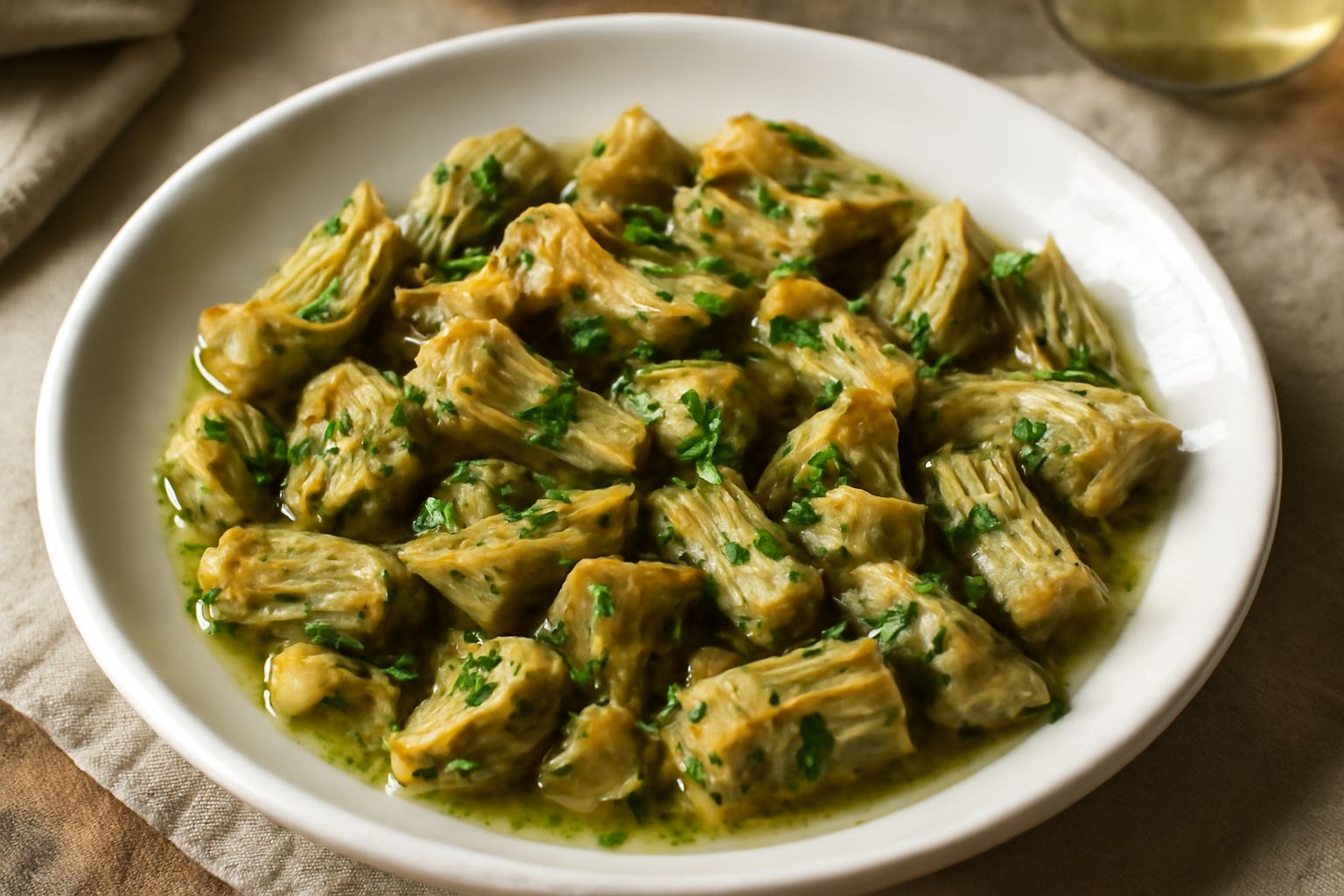 Carciofini trifolati in piatto bianco, tagliati a quarti, dorati e leggermente croccanti, con prezzemolo fresco verde e spicchi d'aglio visibili, olio lucido sulla superficie