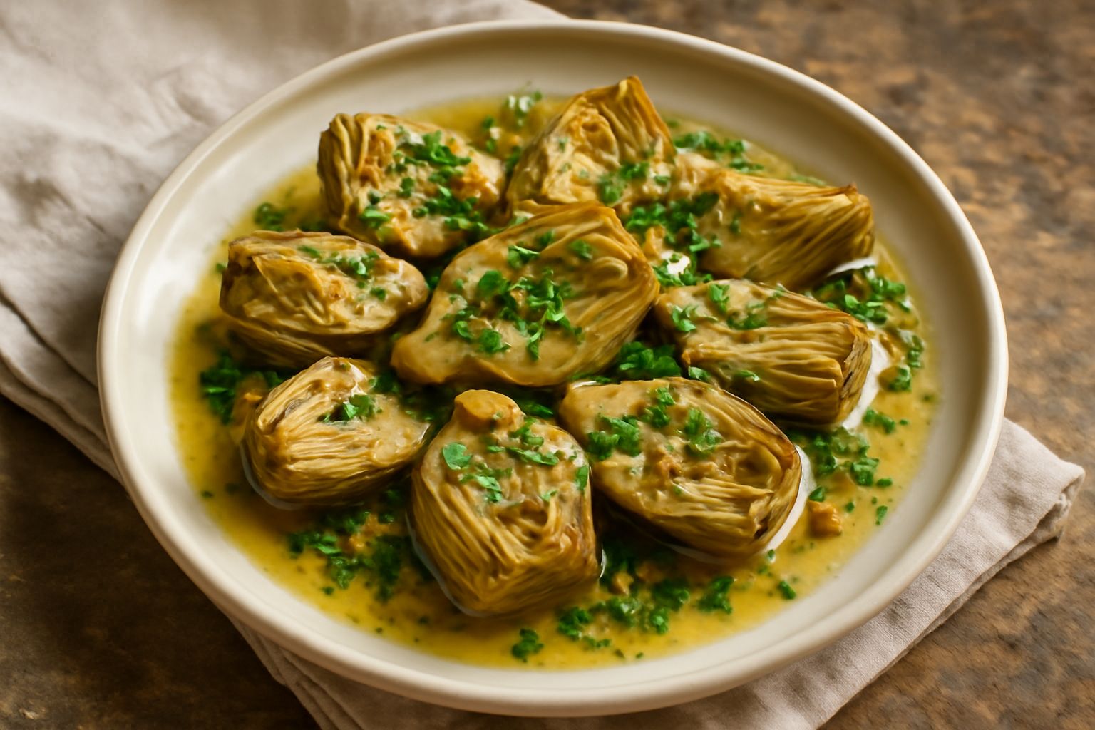 Carciofini piccoli dorati in olio su un piatto bianco, decorati con fette di aglio croccante e prezzemolo fresco tritato, serviti in una ciotola di terracotta con olio che brilla alla luce
