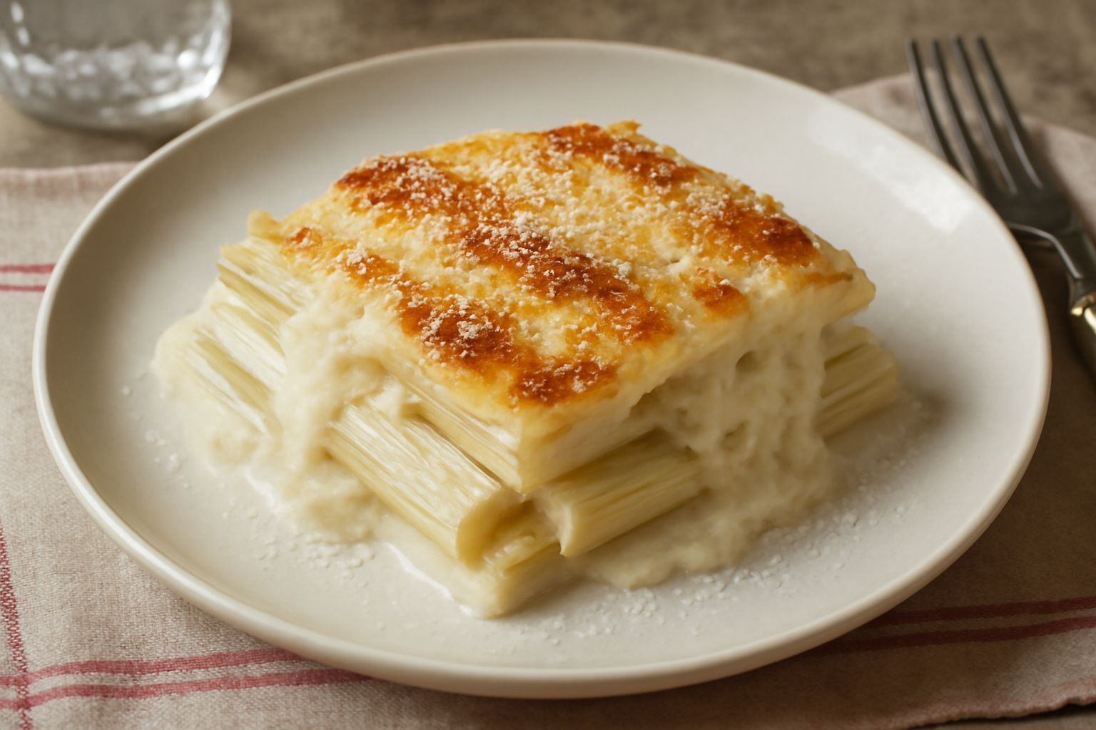 Cardi alla parmigiana in piatto bianco: strati di cardi bianchi ricoperti di besciamella cremosa e doratura di formaggio grattugiato, guarniti di prezzemolo fresco