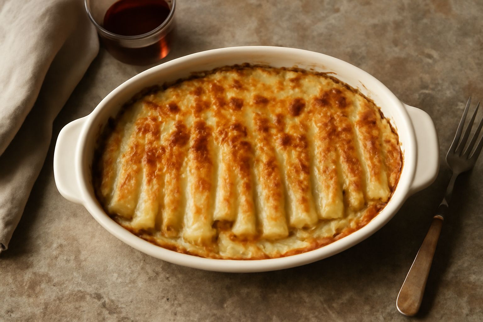 Cardi gratinati in teglia di ceramica bianca, con superficie dorata e croccante, burro fuso che riluce, parmigiano grattugiato visibile, vapore appena accennato, sfondo neutro