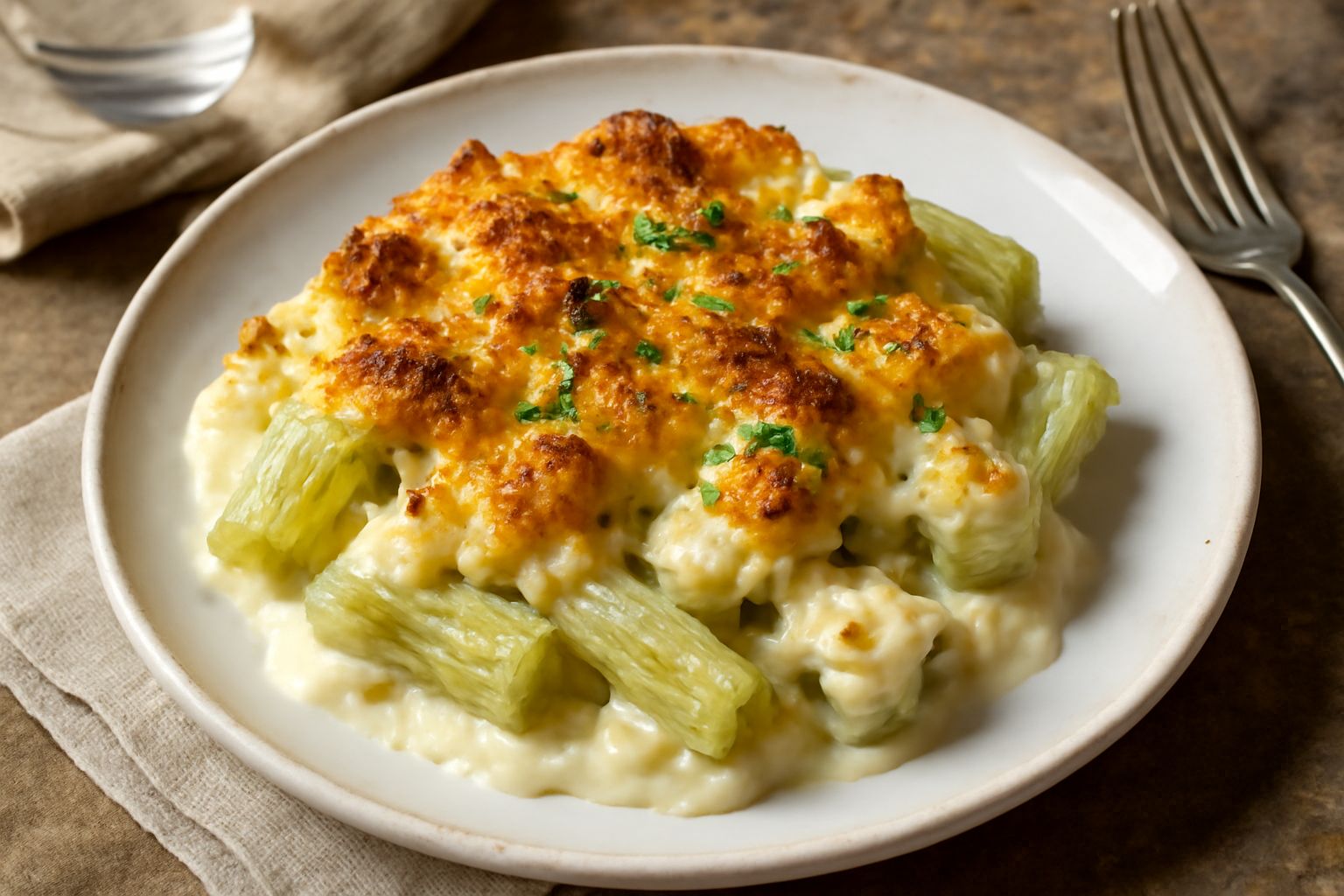 Cardi gratinati in pirofila rettangolare bianca, coperti di besciamella color avorio e pangrattato dorato croccante, fumanti appena sfornati, contornati da rametti di prezzemolo fresco