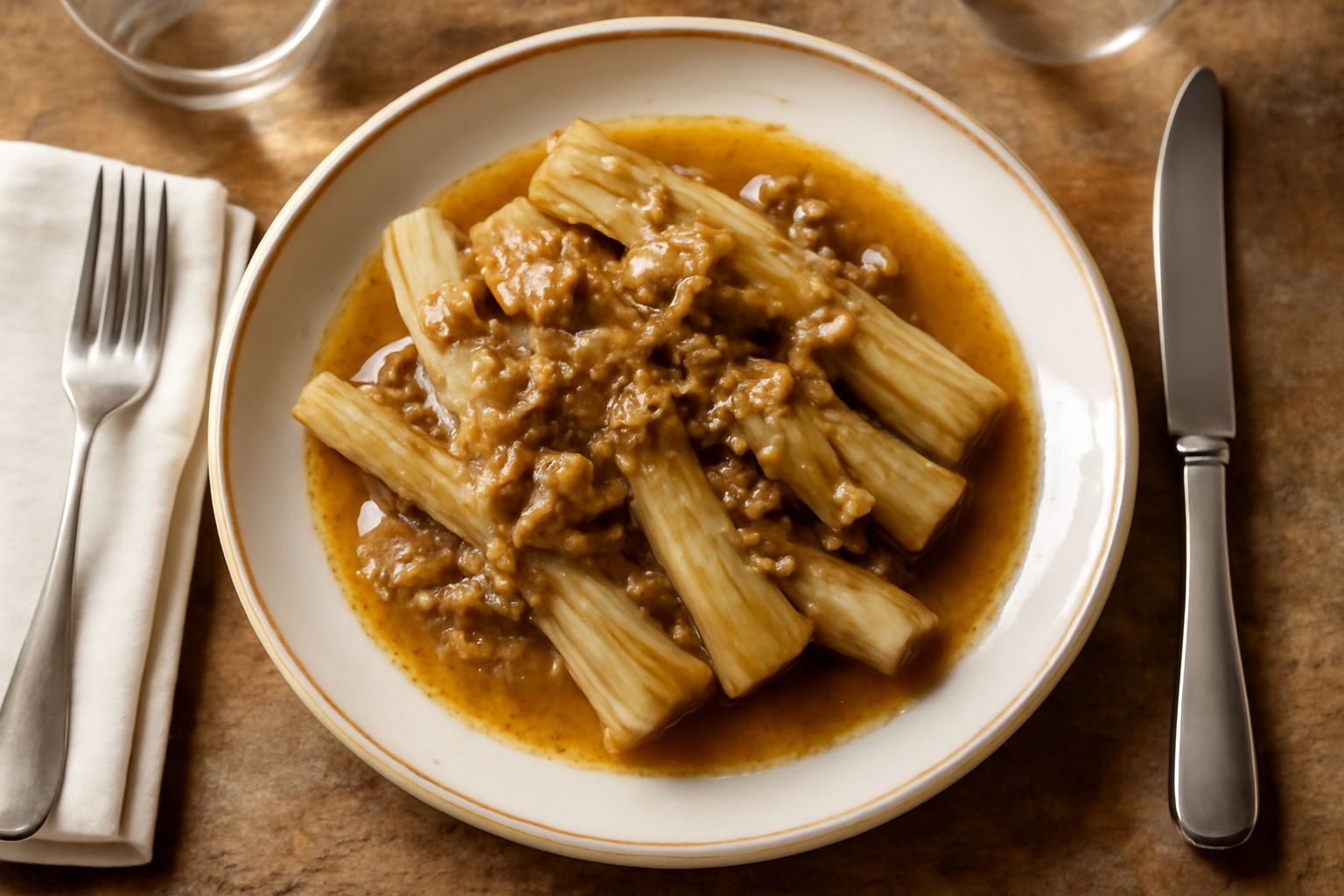 Piatto di porcellana bianca con bastoncini di cardone crudo e la bagna cauda fumante in una piccola pentola di terracotta, accanto spicchi di aglio e acciughe salate