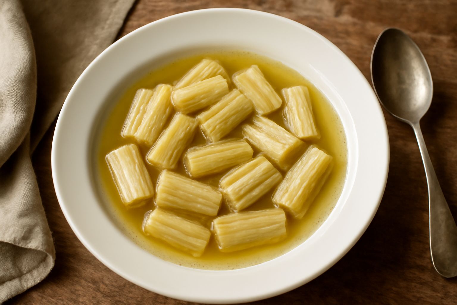 Cardi affettati e teneri in una ciotola di brodo vegetale caldo, con aggiunta di parmigiano grattugiato e un filo d'olio d'oliva, serviti in un piatto bianco profondo
