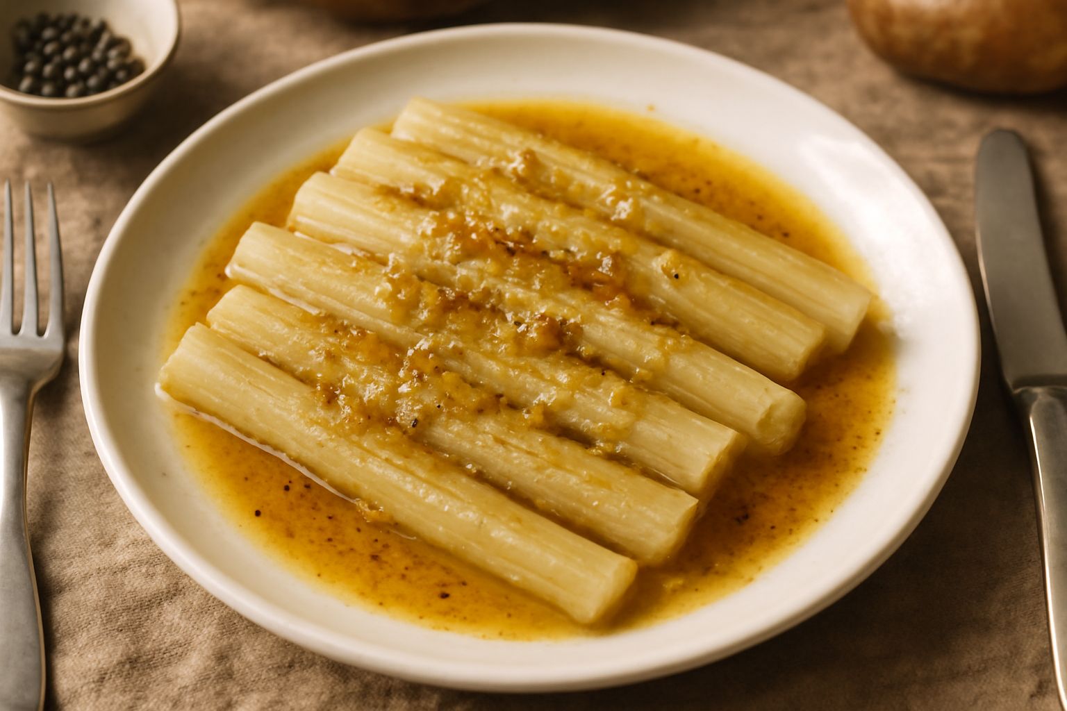 Piatto bianco con cardi bianchi e teneri disposti paralleli, ricoperti di salsa color ambra-oro trasparente, guarniti con prezzemolo verde e gocce di olio lucente
