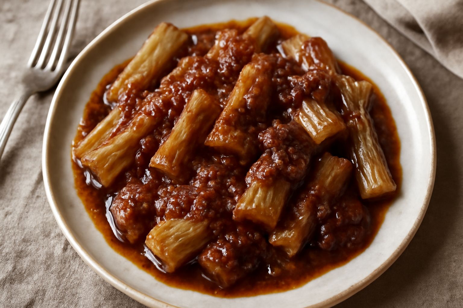 Piatto di cardi cotti tagliati in pezzi, ricoperti da una salsa marrone scura di acciughe, con fili di cipolla morbida e un filo d'olio lucido in superficie, serviti in piatto bianco