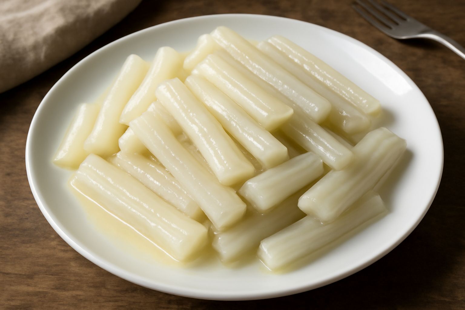 Piatto bianco con cardi lessati di colore bianco avorio disposti verticalmente, ricoperti di burro dorato, con una spolverata di sale grosso e pepe nero; contorno di prezzemolo fresco