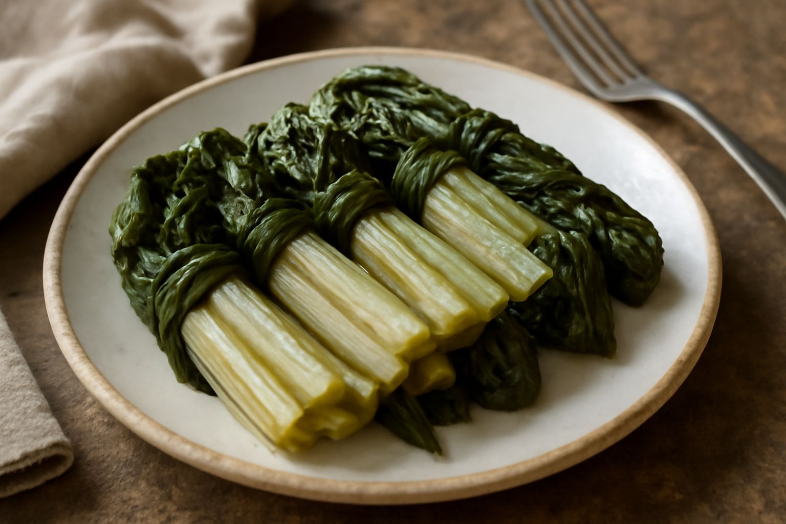 Cardi marini lessati disposti nel piatto bianco, gambi bianchi e teneri, conditi con olio extravergine d'oliva e spicchi di limone, tavolo di legno scuro
