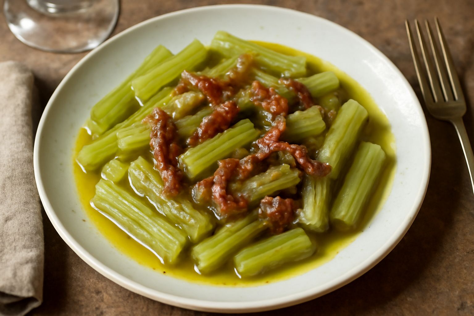 Piatto bianco con cardi selvatici cotti conditi con acciughe sfilettate, olio di oliva e aglio, gambi verdi e croccanti al centro, guarniti con prezzemolo fresco
