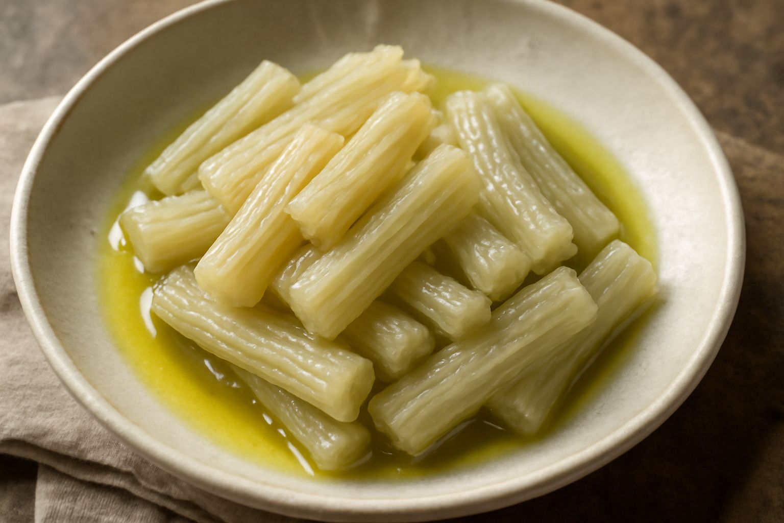 Cardi selvatici lessi serviti in un piatto bianco, gambi biancastri e teneri, olio d'oliva che brilla in superficie, prezzemolo fresco tritato sopra