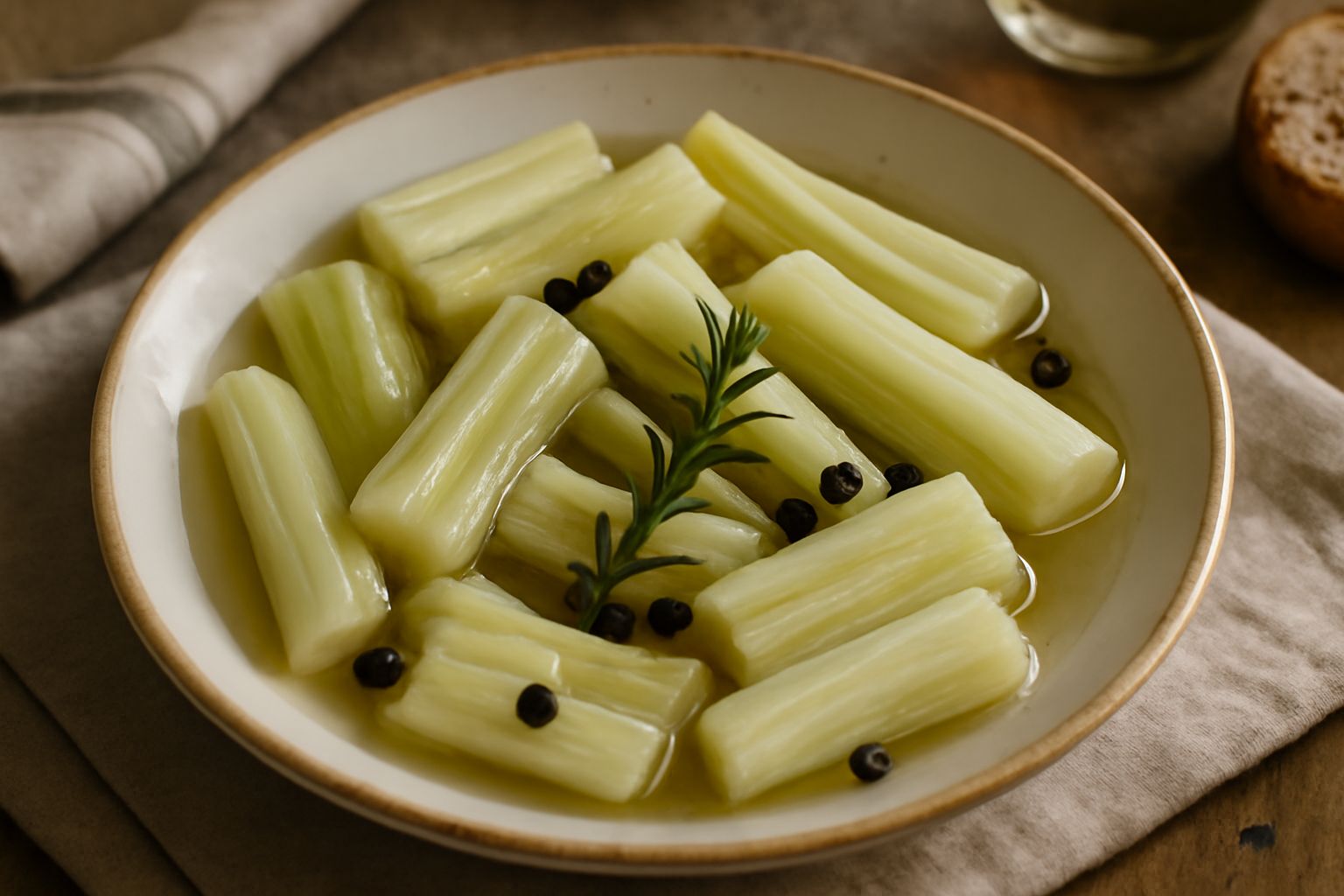 Vasetto di vetro con cardi sott'aceto di colore bianco avorio, tagliati a pezzi regolari, immersi in un liquido trasparente con rosmarino fresco e grani di pepe nero visibili