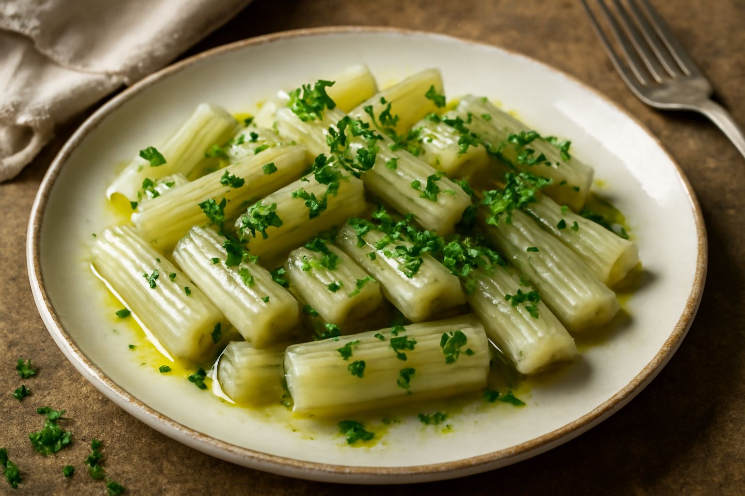 Cardi trifolati serviti in un piatto bianco, steli verdi e bianchi croccanti, fumanti, con olio brillante e prezzemolo fresco tritato visibile in superficie