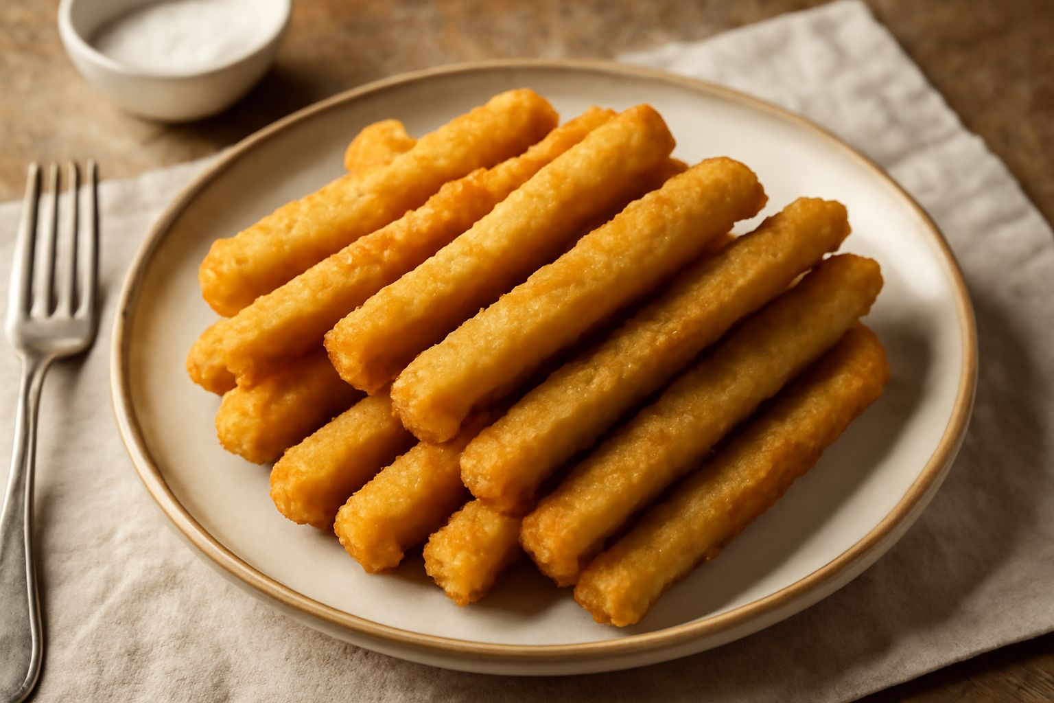 Bastoni di cardo fritti, dorati e croccanti, disposti su un piatto bianco con carta assorbente, accanto a una ciotola di salsa piccante leggera
