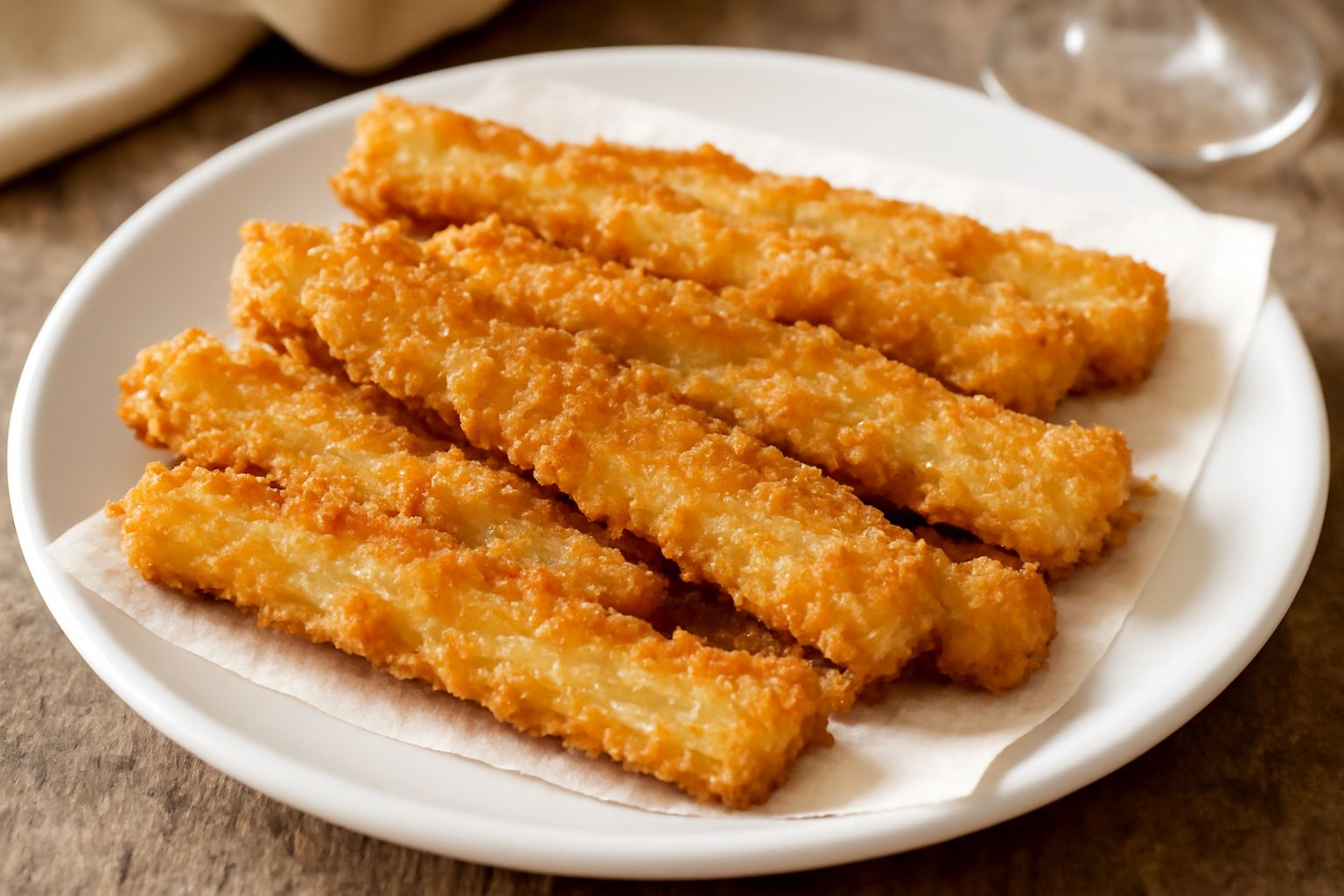 Cardoni fritti dorati e croccanti disposti su carta assorbente bianca, con involucri di panatura visibili e tonalità dorate, accompagnati da una ciotola di salsa piccante su fondo di legno scuro