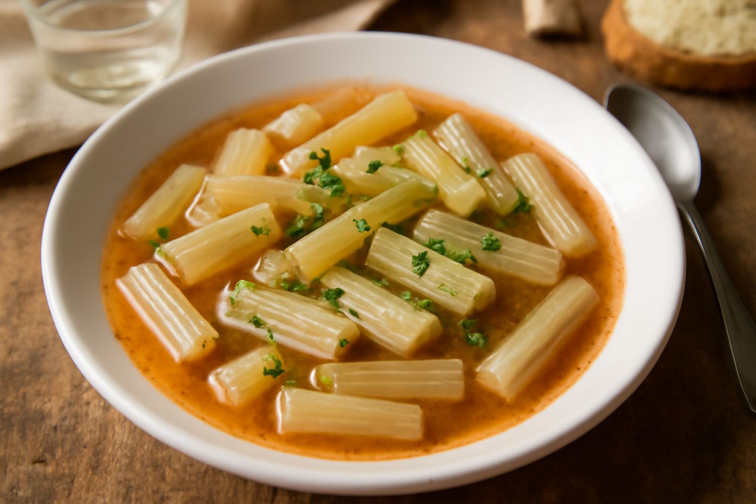 Cardoni tagliati in pezzi medi, teneri e bianchi, immersi in un umido di pomodoro rosso brillante con aglio dorato, cosparsi di prezzemolo fresco verde, serviti in un piatto fondo bianco
