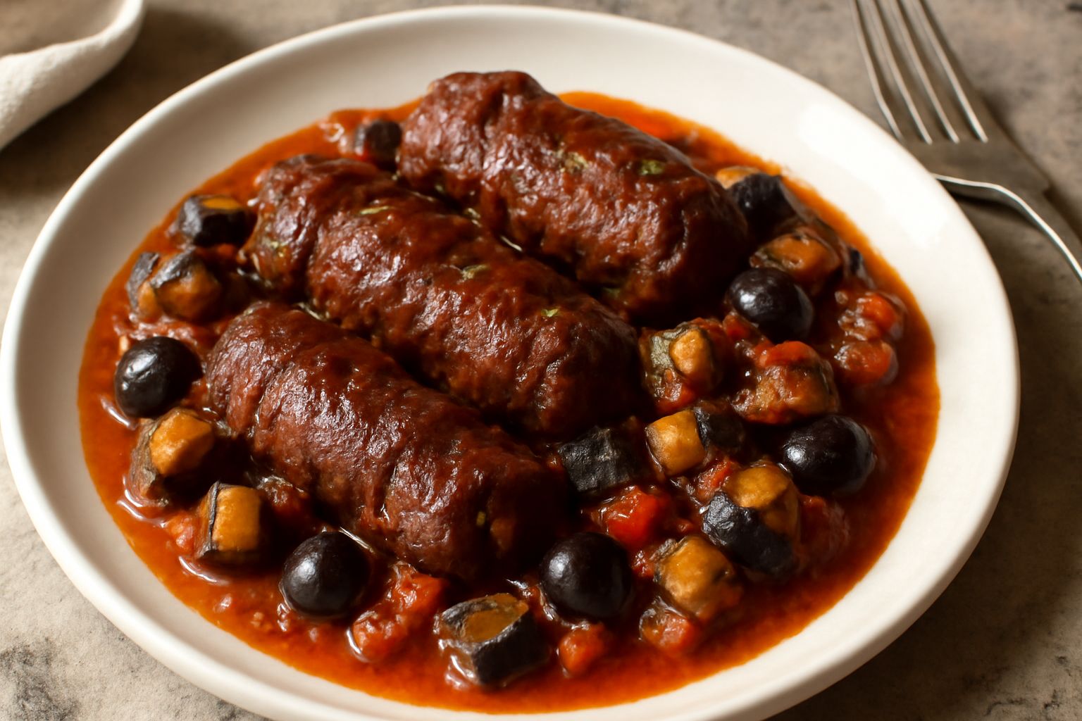 Braciole di manzo rosso scuro in umido su un piatto bianco, circondate da melanzane morbide, pomodori e olive nere, con sugo denso che ricopre la carne, contornate da prezzemolo fresco