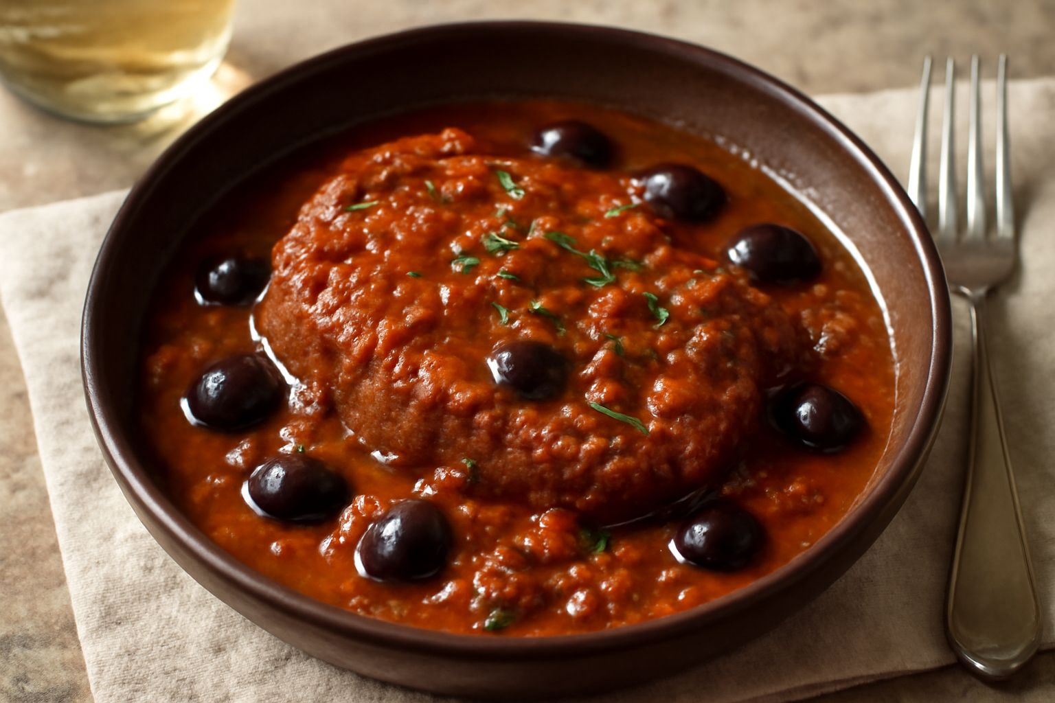 Carne scura e tenera in un sugo rosso scuro con olive nere e pomodori, in una ciotola di ceramica bianca, con prezzemolo fresco sopra e pane toscano accanto