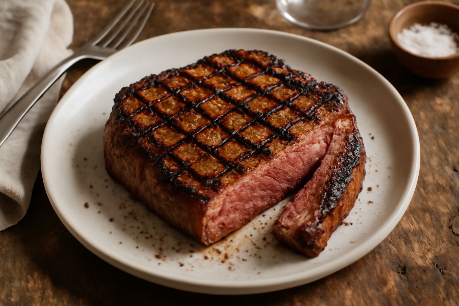 Bistecca di manzo rosso scuro appena tolta dalla brace, con croste caramellate e segni della griglia, servita in piatto bianco con rametti di rosmarino e limone tagliato a spicchi