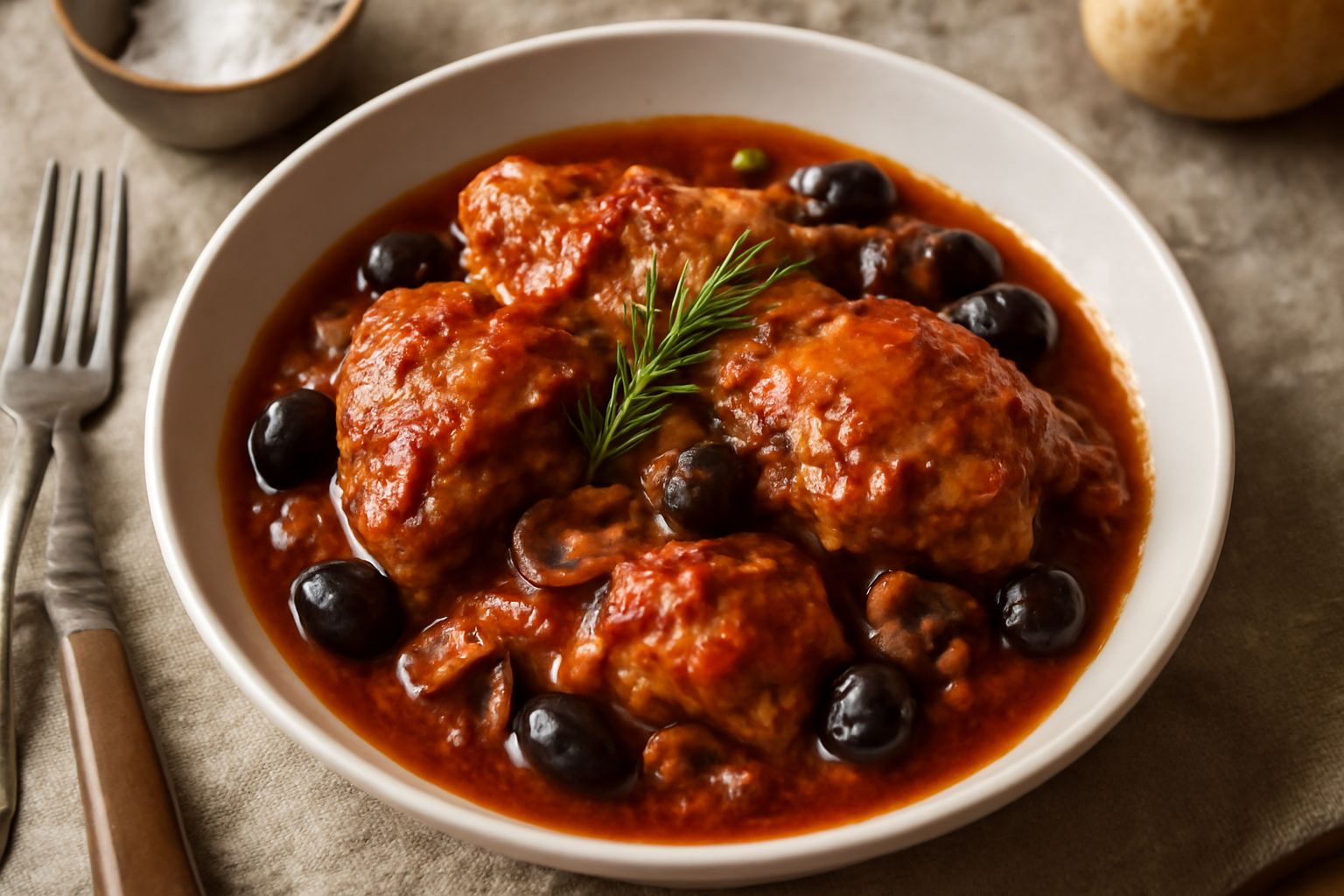 Carne alla cacciatora servita in un piatto bianco fondo, con il sugo scuro e rossiccio, olive nere visibili, pezzetti di fungo, accompagnata da contorno di verdure grigliate al bordo del piatto