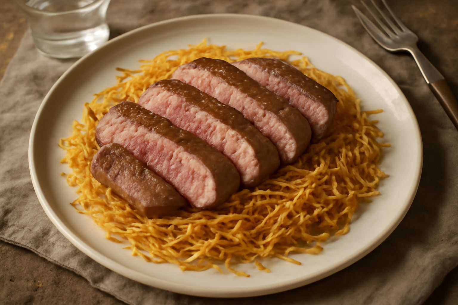Vassoio di carne alla chitarra al forno: fettine di manzo rosato sopra un letto di patate sottilissime dorate, con gocce d'olio lucido e cipolla caramellata ai bordi