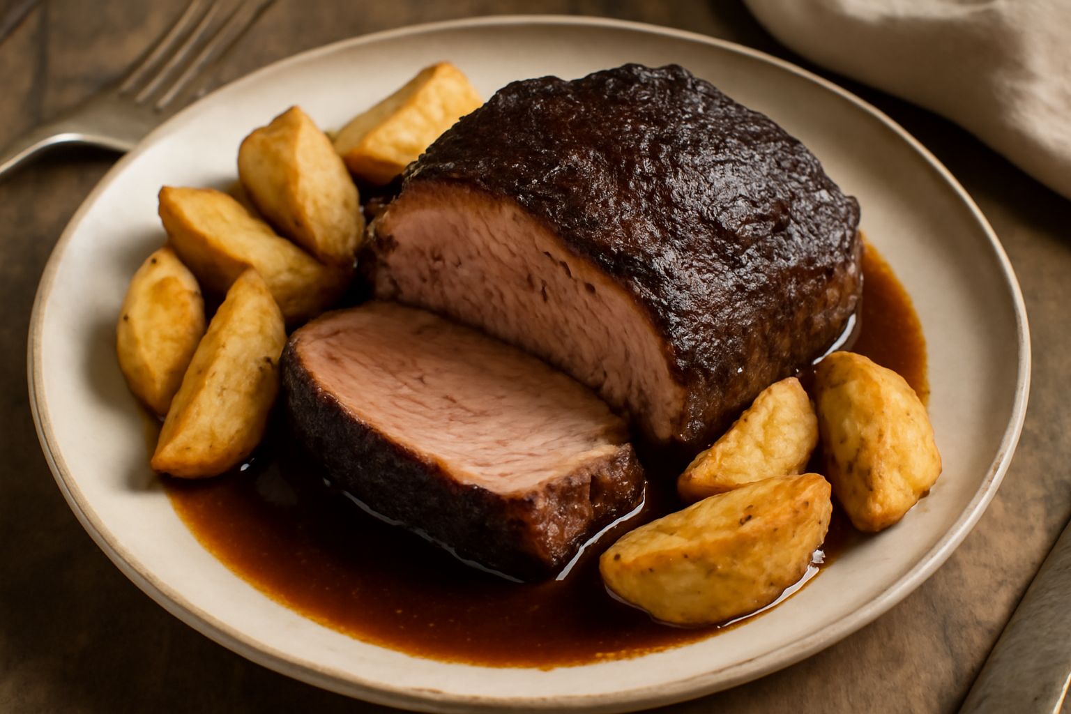Una porzione di carne alla fornacina dorata e rossolata in un piatto bianco, con una crosta caramellata dorata, fiancheggiata da patate arrosto color nocciola e una spruzzata di prezzemolo fresco verd