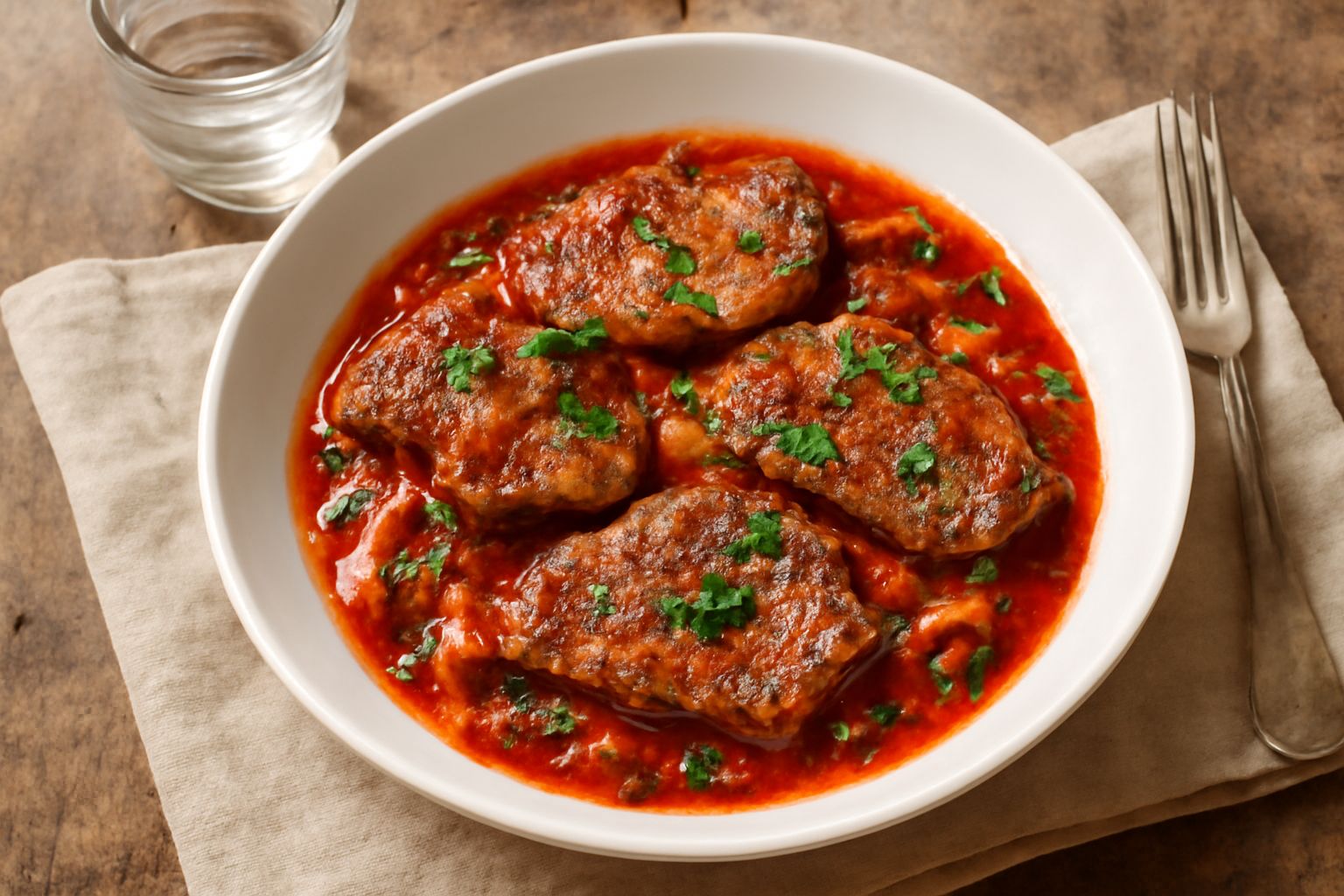 Fettine di manzo rossolate in padella di colore marrone dorato, coperte da un sugo di pomodoro rosso vivo, cosparse di prezzemolo verde, circondate da pezzi di cipolla traslucida, impiattate in un pia