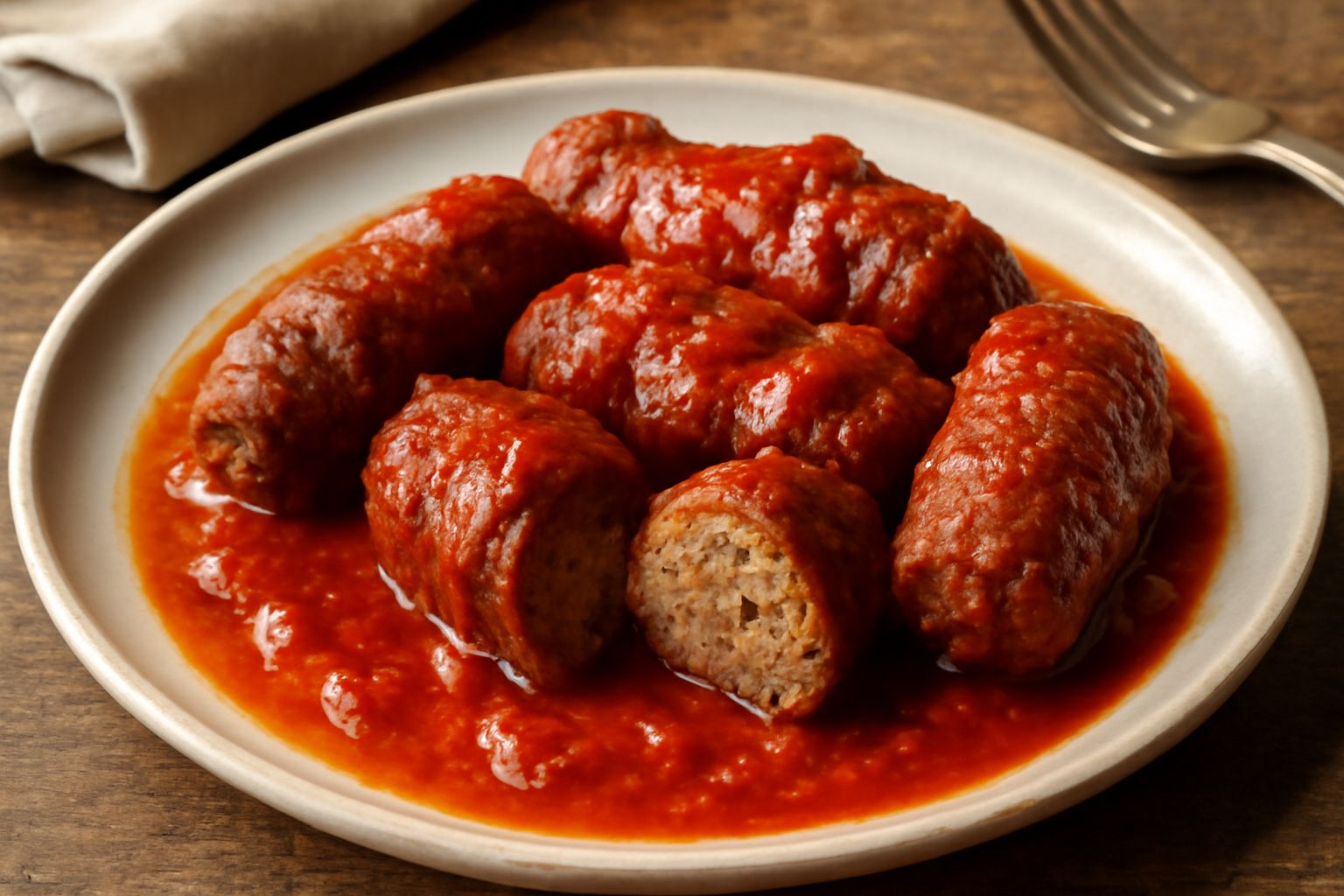 Tre involtini di carne alla messinese adagiati su un piatto bianco con sugo di pomodoro rosso scuro, cipolle dorate intorno e un cucchiaio di sugo sul bordo