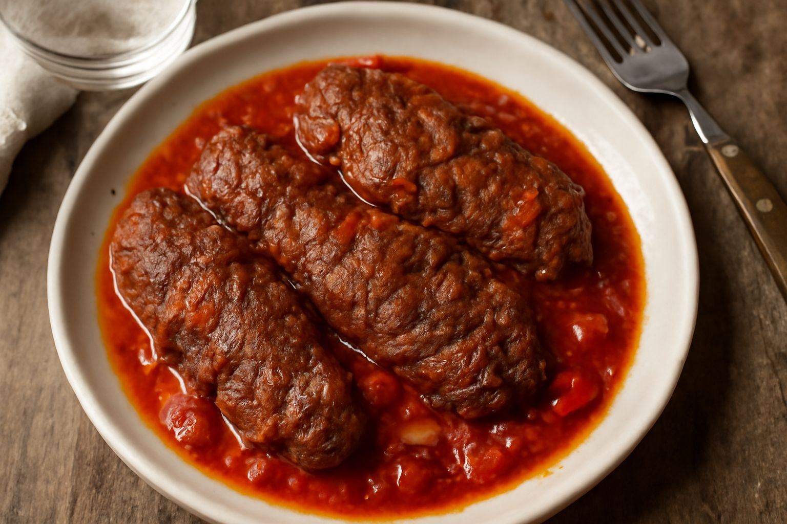 Braciole di manzo marrone scuro stufate in sugo di pomodoro rosso vivo, aglio e peperoncino, servite in piatto bianco con salsa intorno e peperoncino fresco come guarnizione