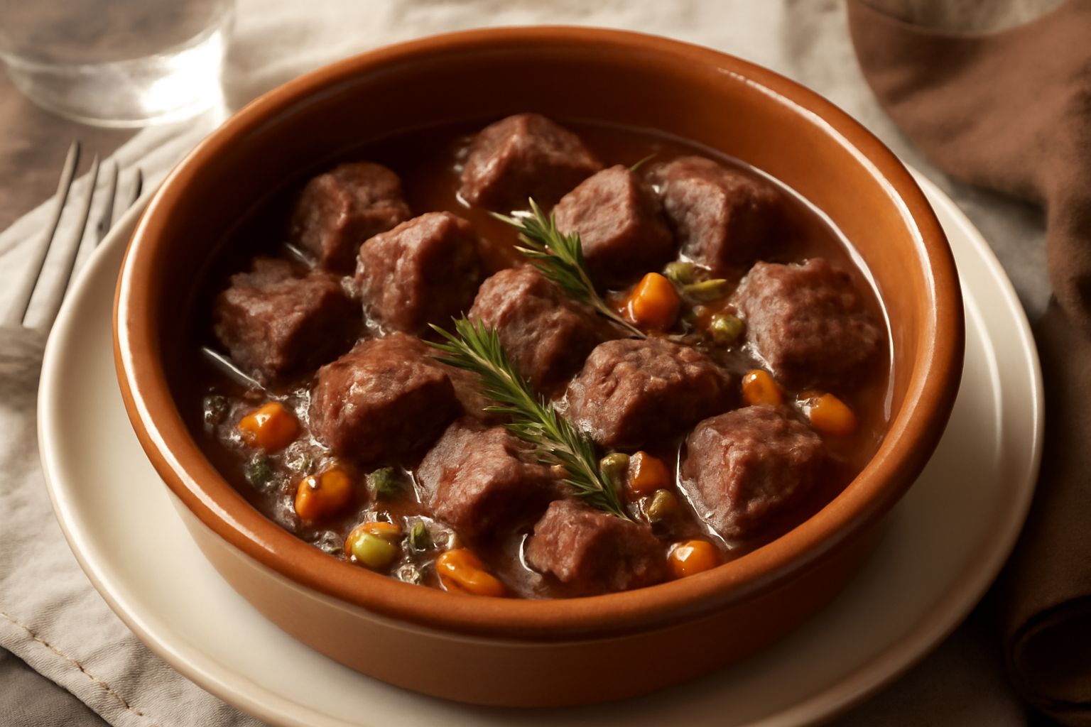 Tegame di coccio con carne di manzo stufata, carote arancioni tagliate, sedano e cipolla, brodo ricco, condita con rosmarino fresco e timo, servita nel tegame stesso su tavolo di legno scuro