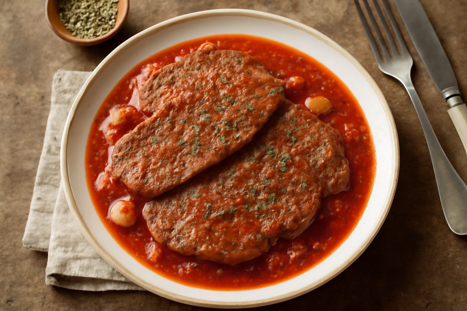 Fettine di carne marrone dorate in padella con sugo rosso acceso di pomodori, aglio e prezzemolo fresco, cipolla trasparente attorno, piatto di ceramica bianca con contorno di insalata verde