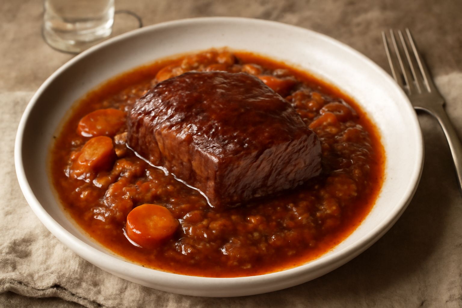 Un pezzo di carne scura brasata su un piatto bianco, contornato da sugo denso rosso scuro, guarnito di prezzemolo fresco verde, con verdure cotte visibili accanto