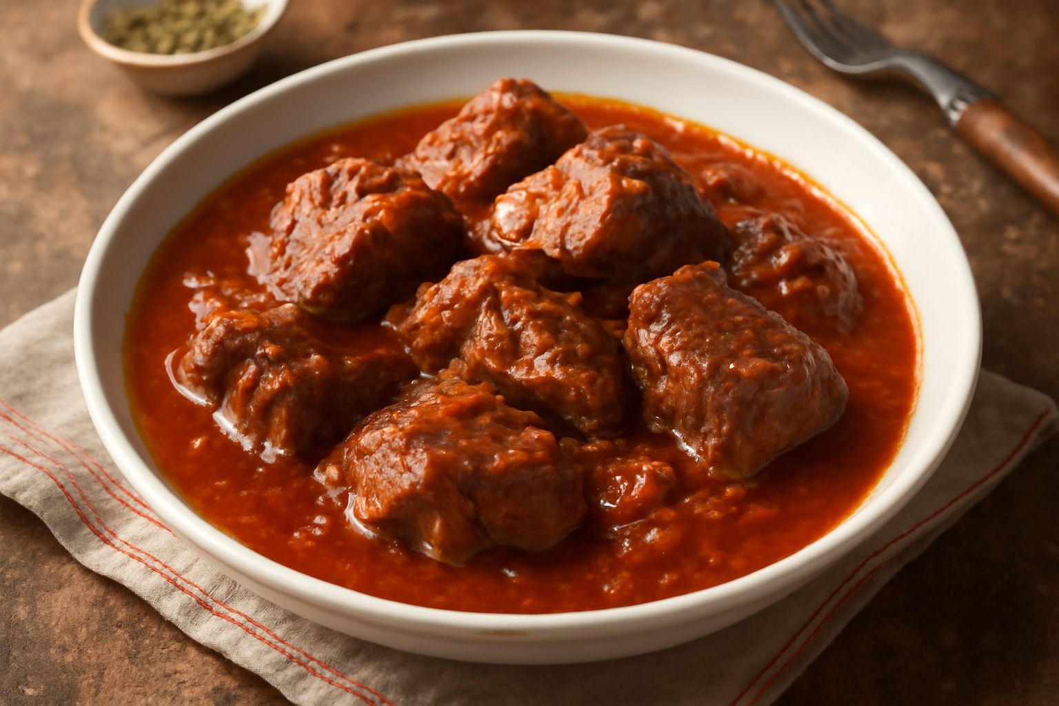 Carne all'agghitana stufata in un piatto fondo di ceramica bianca, con salsa rosso scuro a base di pomodoro, pezzi di carne color marrone scuro teneri e aglio visibile, guarnitura di prezzemolo fresco