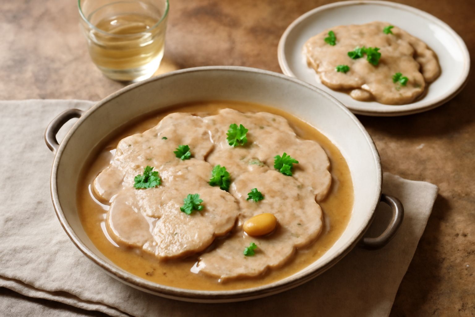 Fettine di vitello cotto in salsa marrone dorato in un piatto bianco, guarnite con prezzemolo fresco, contorno di polenta o riso nel piatto accanto