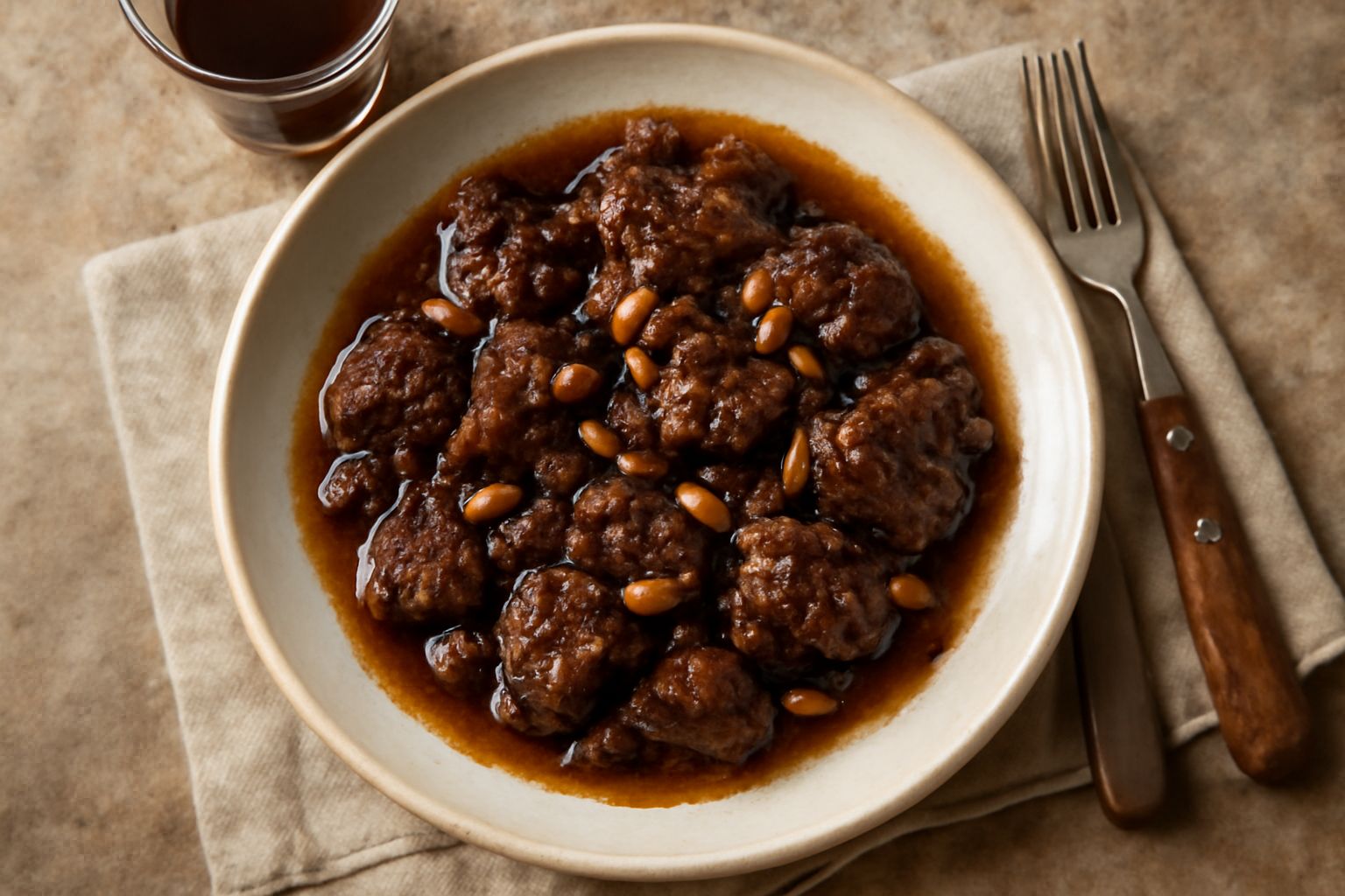 Piatto bianco con carne scura stufata, ricoperta da uvetta gonfia e pinoli tostati dorati, con un fondo di sugo denso marrone rossiccio, servita con contorno di verdure saltate