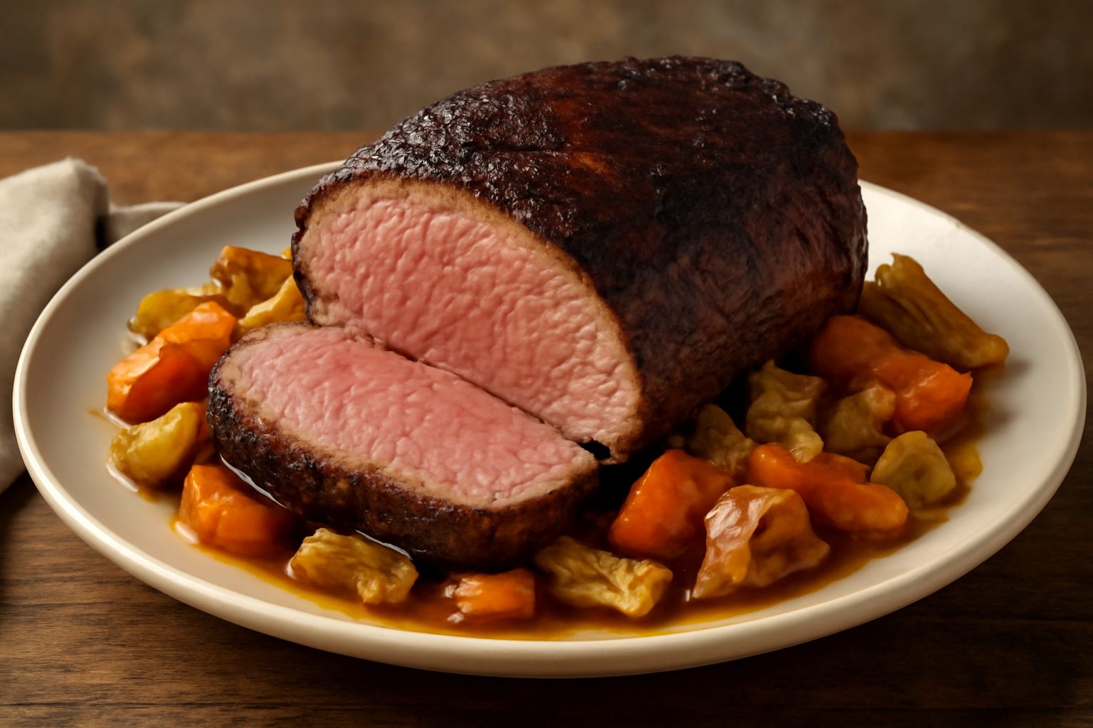 Arrosto di manzo rosso dorato, affettato, con crosta caramellata esterna, circondato da verdure arrostite dorate e succo marrone nel piatto