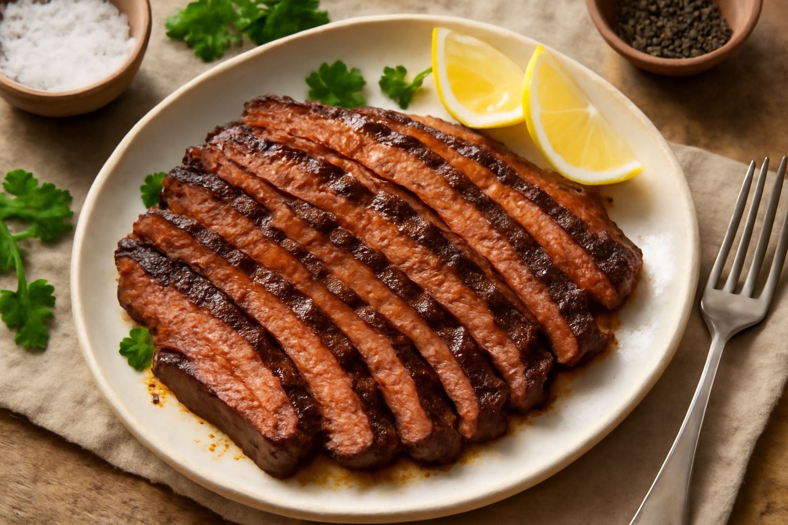 Fette di carne asada grigliate, dorato scuro con strisce di affumicatura, affettate su un piatto bianco, circondate da fettine di cipolla rossa e lime fresco tagliato a spicchi