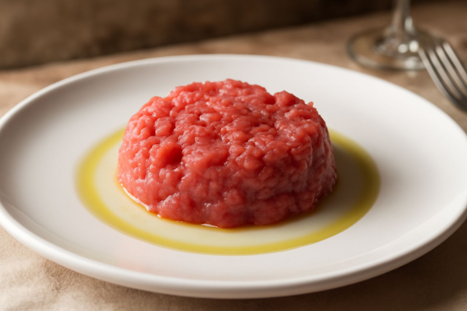 Carne battuta al coltello rossa e rosa pallido, distribuita a mucchietto basso nel centro del piatto bianco, con alone di olio d'oliva intorno, foglia di prezzemolo fresco e scaglie di parmigiano gial