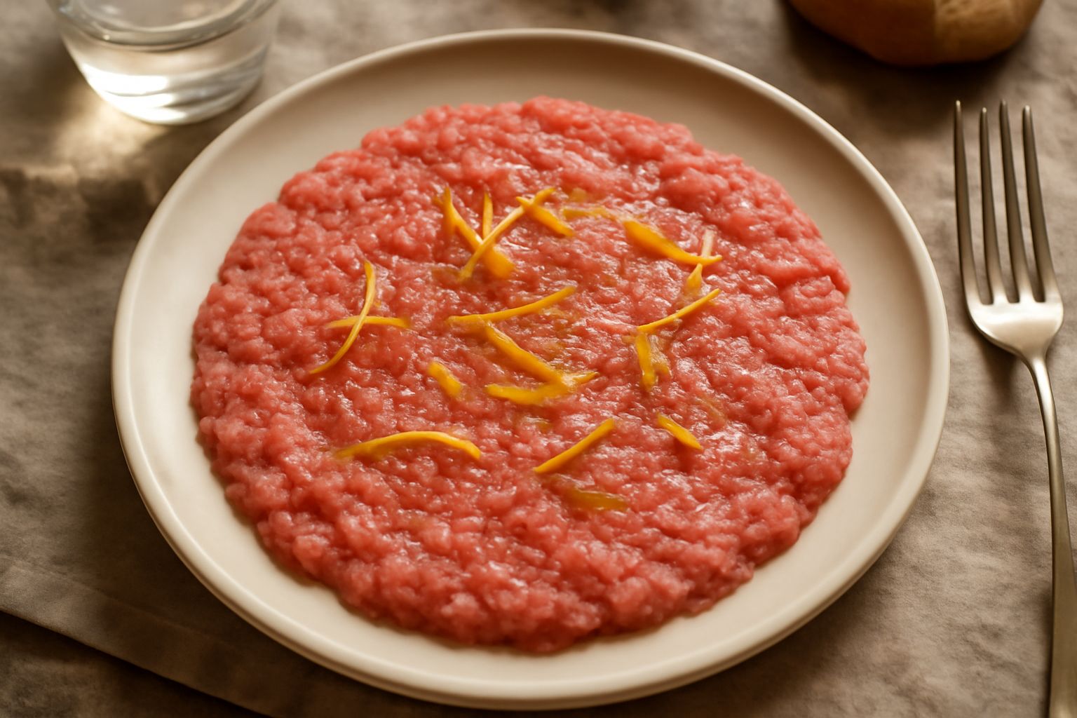 Piatto bianco con carne battuta rosso chiaro, condita con olio giallo e qualche goccia di limone, guarnita con buccia di limone gialla e pepe nero macinato